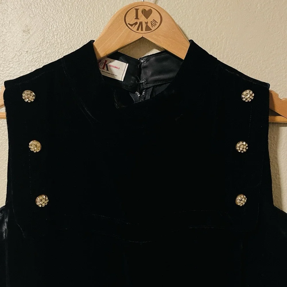 VTG R & K Originals Black Velvet Dress 60s 70s Retro Glam Military Grunge‎ Sz 14
